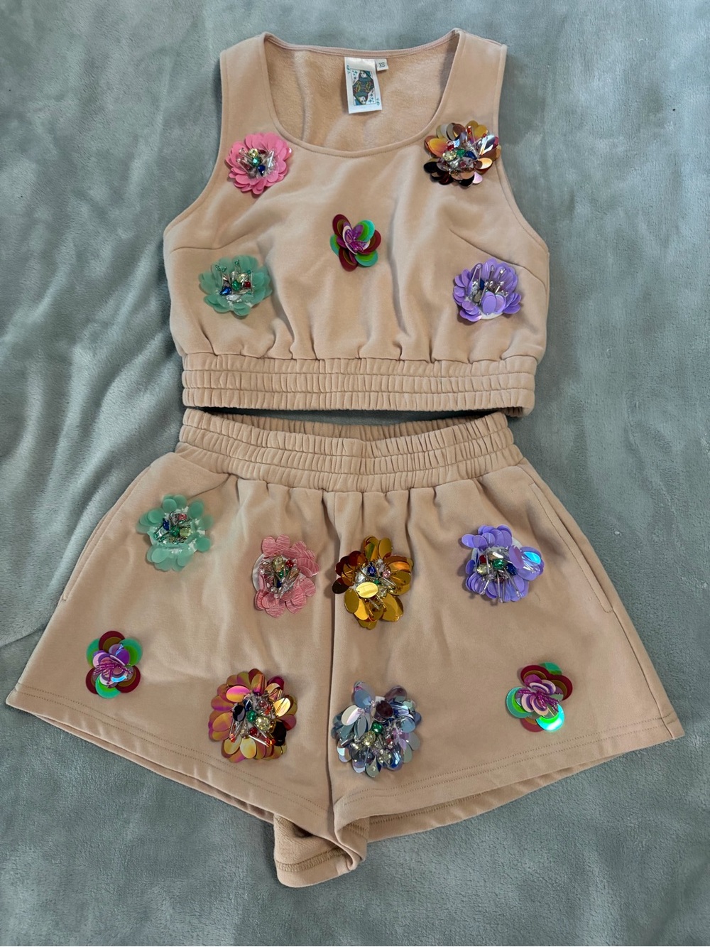 QUEEN OF SPARKLES Beige Embellished Floral Tank Top & Shorts Sample Set